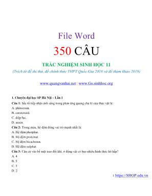 350 Câu trắc nghiệm Sinh học 11 (Trích từ đề thi thử, đề chính thức THPT Quốc gia 2018 và đề tham khảo 2019)